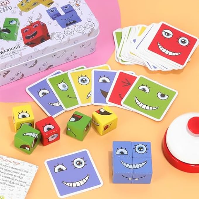 3D PUZZLE FACE CHANGING MAGIC CUBE, WOODEN CUBE PUZZLE, STORY CUBE, MASTUGART GAME, COLOURFUL MAGIC CUBE BUILDING BLOCK TOY FOR 3 4 5 6 7 CHILDREN WITH TABLE BELL - Image 2